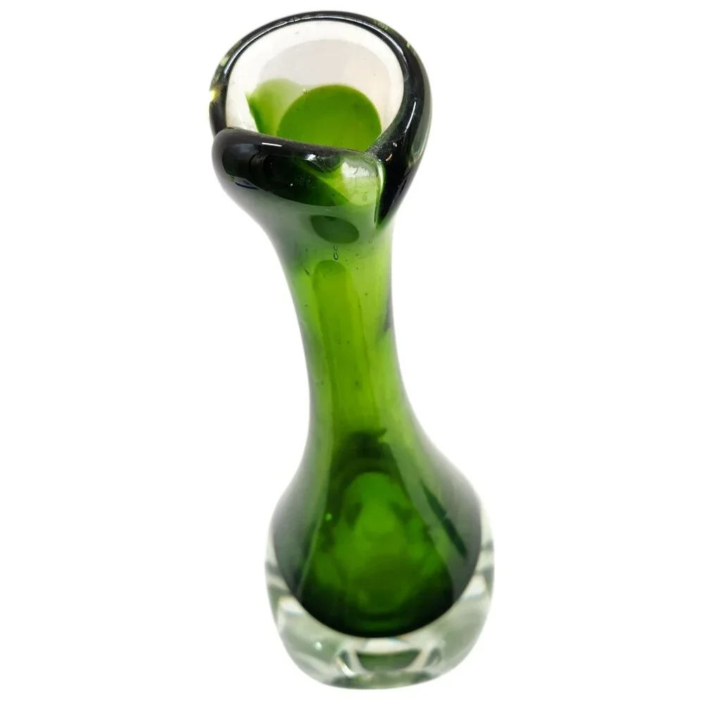 MCM Weighted Swung Green Glass Vase w/Pass-Through Holes in Base 10 1/2